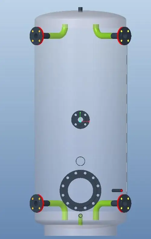 Zylindrischer Pufferspeicher mit mehreren Anschlussleitungen und einem Druckmessgerät, ausgeführt in RSt 37-2, ausgestattet mit Wärmedämmung aus EPS. Produkt von Danfoss.